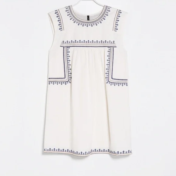 MNGO Mango Bohemien Embroidered Cream Cotton Mexican Peasant Dress Size 16 - Picture 2 of 5